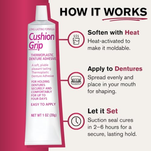 Cushion Grip Thermoplastic Denture Adhesive, 1 oz - Improves Denture Fit, Comfort & Stability | Non-Glue Adhesive, Acts Like a Soft Reline (Pack of 5)