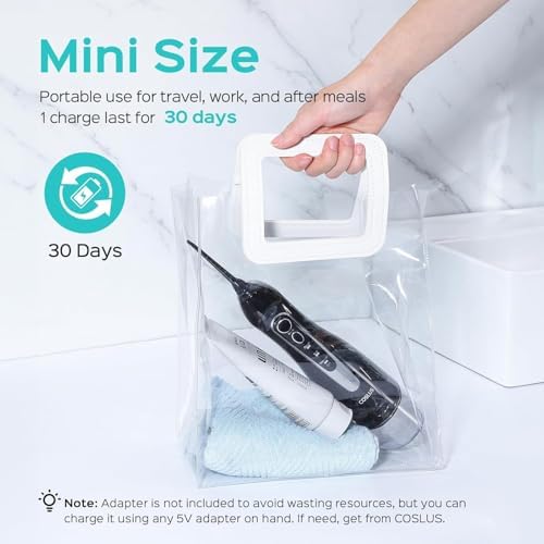 COSLUS Water Flosser Dental Pick: 300ML Oral Irrigator for Teeth Cleaning, Orthodontic, Braces & Sensitive Gums, Cordless Portable for Travel, IPX7 Waterproof, for Adults Teens Family Use, with 4 Tips