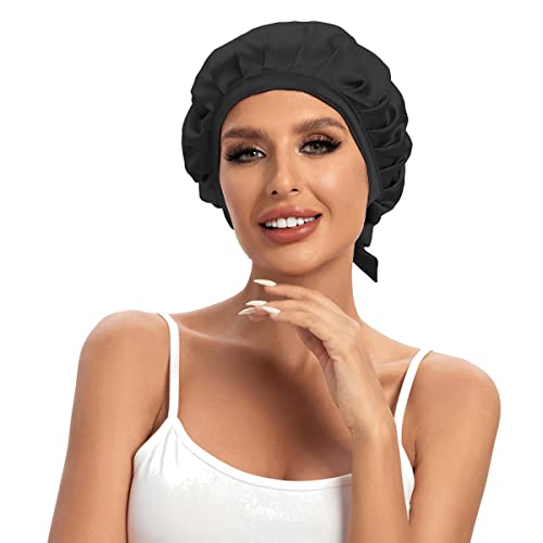 Cocheng 100% Mulberry Silk Bonnet Double-Sided Silk Sleep Cap With Adjustable Ribbon 19 Momme Silk Bonnet for Sleeping(Black)