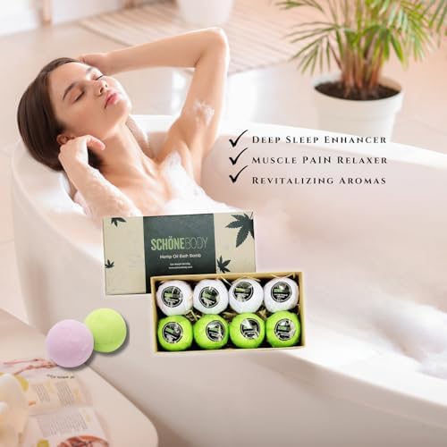 Hemp Bath Bombs, Large Set of 8. Mint, Lavender & Hemp Scents. Vegan, Muscle Therapy, Relaxing & Soothing