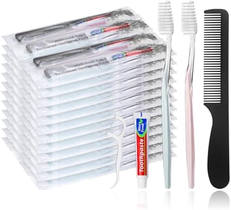 200pcs Disposable Toothbrushes with Toothpaste and Comb Floss Individually Wrapped, 4-in-1 Bulk Toothbrush Kit with 2 Color Toothbrush,10g Toothpaste,7 inch Comb, Floss Pick
