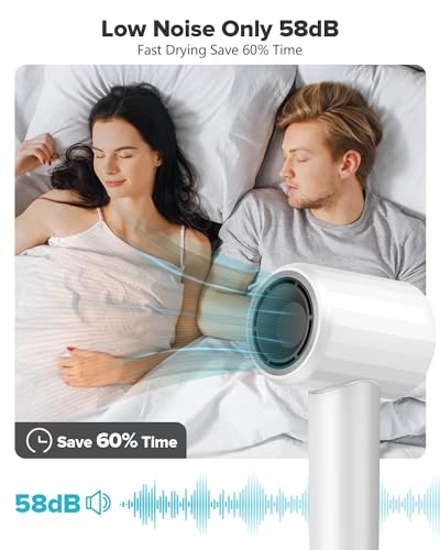 High Speed Ionic Hair Dryer with Diffuser, Professonal Blow Dryer 110,000 RPM Brushless Motor for Fast Drying, 1500W 4Temps /2Speeds, Thermo-Control Hairdryer for Women Home Travel (White)