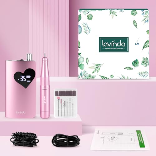 Lavinda Professional Nail Drill 35000 RPM – Cordless Electric Nail File Kit with Heart Display, Rechargeable E File Machine with 6 Bits, Quiet Nail Drill for Acrylic Gel Nails, Home & Salon-Pink
