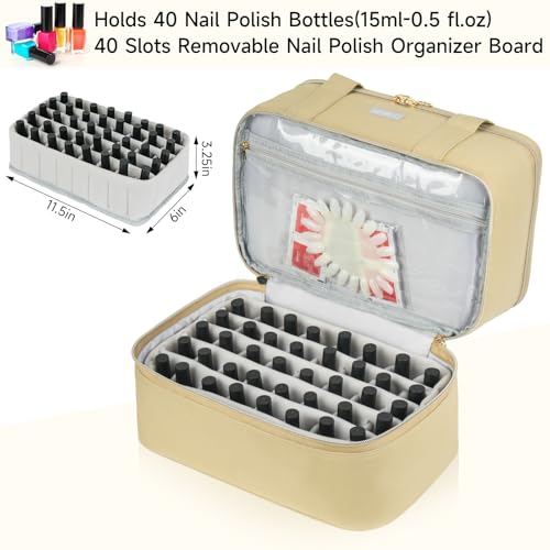LEFORZ Nail Care Organizer, Double-Layer Nail Polish Organizer and Storage, Khaki, 40 Bottles (15ml-0.5 fl.oz) and Nail Lamp, Portable Nail Polish Holder