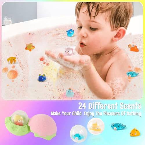 Kids Bath Bombs with Surprise Toys Inside - 24pcs Kid Bath Bomb Gift Set, Kids Friendly & Non-Toxic Fizzy Shower Bombs for Girls Boys, Handmade Bubble Bombs Bath Gift for Birthday, Christmas