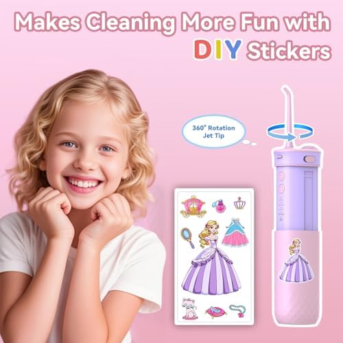 JTF Kids Water Dental Flosser: Rechargeable Portable Oral Irrigator with 4 Flossing Modes 230ml Tank 4 Tips Travel Bag Waterproof Stickers, Cordless Electric Flossers for Teeth Gum Braces Care, Age 6+
