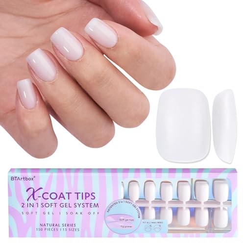 BTArtboxnails XS Short Square Gel Nail Tips - Pre Colored Milky White Soft Gel Nail Tips, Milky White Press on Nails, Natural XCOATTIPS Pre Applied Tip Primer