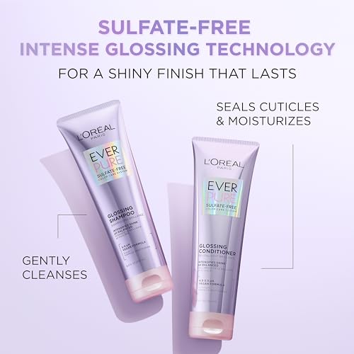 L'Oreal Paris Sulfate Free Glossing Conditioner, Intensifies Hair Shine & Smoothness, pH Balanced & Argan Oil Infused Vegan Hair Care, EverPure, 8.5 Fl Oz