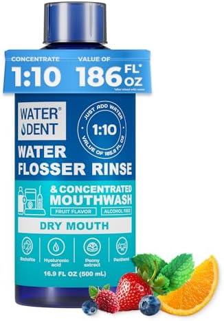 Concentrated Irrigant and mouthwash Dry Mouth | Add to Water Flossers | Fruit Flavor | When dilluted 16.9 fl.oz = 186 fl.oz | Alcohol Free, Fluoride Free. Made in USA (Non-Medical) WATER DENT
