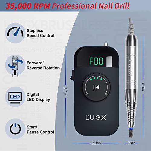 L'UGX Nail Drill 35000RPM Professional Brushless Electric Machine, Rechargeable Cordless Nail Efile for Acrylic Gel Nails, 8Pcs Nail Drill Bits, Low Noise Low Vibration
