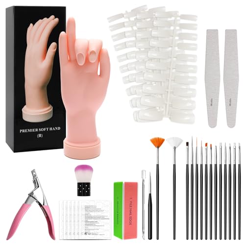 Coitak Practice Hand for Acrylic Nails, Flexible Fake Hands, Manicure Training Hand Nail Kit for Beginners, Nail Practice Hand with 200PCS Nail Tips, Nail Glue Stickers, Brush and Clipper
