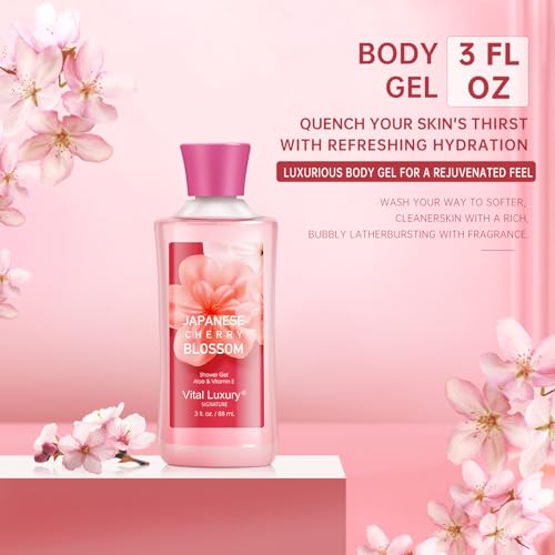 Japanese Cherry Blossom Bath and Body Gift Set, Gel, Lotion, Mist, Travel Size Spa Set,With Natural Extracts-Body Care kit for Birthday Mother's Day Chirstmas Gifts