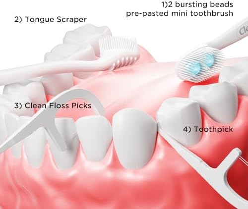 cleaings® Disposable Toothbrushes with Toothpaste - 4-in-1 Mini Travel Toothbrushes, Built-in Tongue Scraper, Floss & Picks for On-The-Go, Camping, Work (Mint)