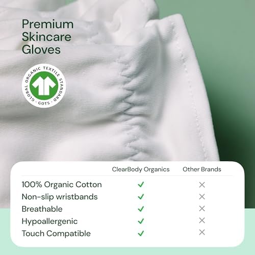 Clearbody Organics White Organic Cotton Gloves, 5 Pairs (10 Pcs) - 100% Reusable Moisturizing for Dry & Cracked Hands Repair (Large) - White Gloves
