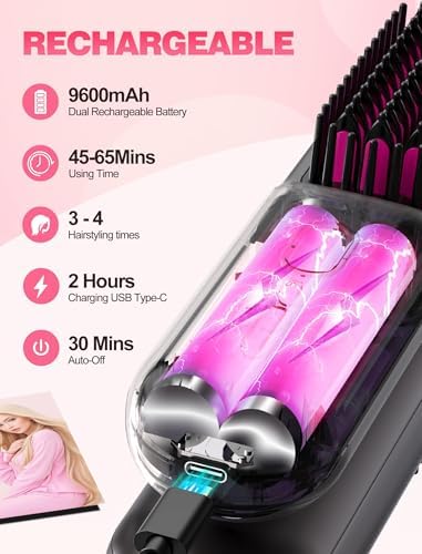 Cordless Hair Straightener Brush for Travel,Mini Hair Straightener Comb with Negative Ion,Portable hot Brush Hair Straightener for Women, Rechargeable 9600mAh Battery, Anti-Scald,12 Temp-Setting