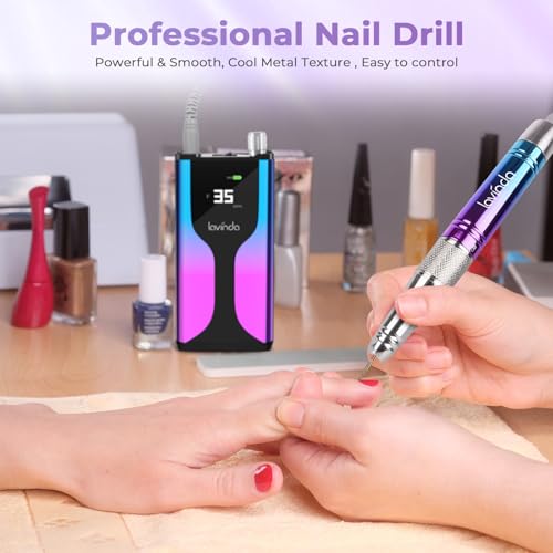 Lavinda Professional Rechargeable Nail Drill Machine, Cordless 35,000RPM Skyspace Brushless Nail Drill, Portable Electrical Nail File for Acrylic Nails with Protective Case, Gradient Blue & Purple