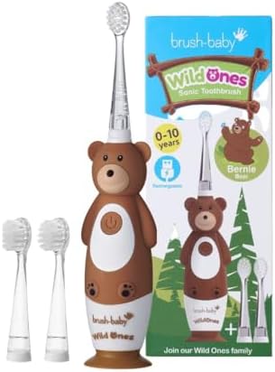 brush-baby - Kids Rechargeable Electric Toothbrush, 0-10 Years - WildOnes, Bear Design with Flashing Lights - DeepClean Bristles for Superior Clean - 2X Replacement Heads, 1x USB Cable
