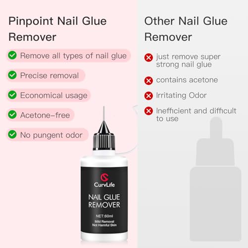 Curvlife Pinpoint Nail Glue Remover for Press on, 60ml Nail Remover for Nails Tips, Gentle Glue Remover for Gel x Nails, Non-Acetone Nail Polish Remover