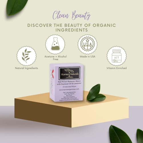 Karma Organic Natural Nail Polish Remover Wipes with Soybean and Lavender Oil, 100% Soy Based, Non-Toxic, Vegan, Cruelty-Free – Pack of 10