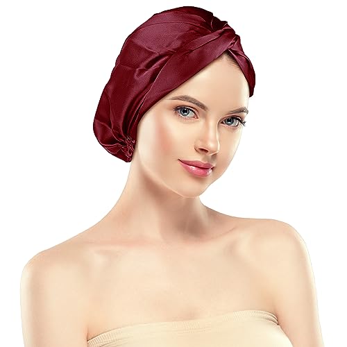 CAAIR Silk Bonnet for Sleeping, 22 Momme Grade-6A 100% Pure Mulberry Hair Care, Maintaining Hairstyles Overnigh, Elastic and Twist Knot Design,Hair Sleeping(1PC, Burgundy)