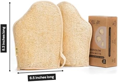 Chill Ah Green Glow Dual-Sided Loofah Bath Mitts (2-Pack) – 100% Plant-Based, Dye-Free, Biodegradable, Handcrafted in Vietnam – Natural Exfoliating Gloves for Glowing Skin