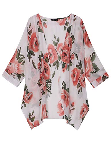Ckuvysq Women's Summer Tops Loose Chiffon Cardigan Half Sleeve Beach Swim Cover up (Big red Flower-White, XX-Large)