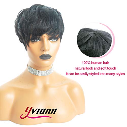 Human Hair Short Wigs Pixie Cut Wigs with Bangs Short Black Layered Wavy Wigs for Women 1B Color