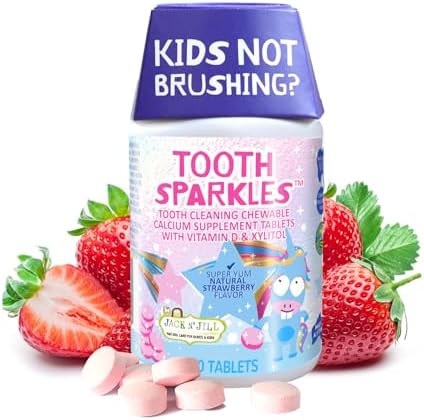 Jack N' Jill Tooth Sparkles - Tooth Cleaning Calcium Chews, Supports Teeth & Bone Development, Natural Flavors, with Xylitol, Vitamin D & Calcium, Sugar-Free - Natural Strawberry, 60 Tablets