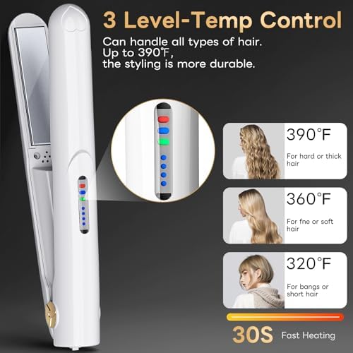 Cordless Hair Straightener and Curler 2 in 1 Ceramic Flat Iron Mini Cordless Portable Travel Hot Tools Straight Curl for Women Men USB Rechargeable with Pouch (White)