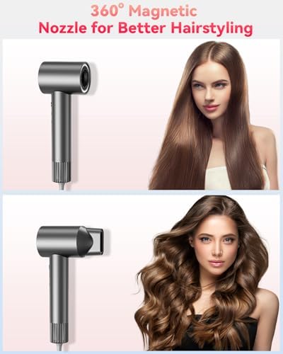 Hair Dryers for Women, 110000 RPM High Speed Blow Dryer, 200 Millions Negative Ionic Hair Dryer, 1600W Quiet Hairdryer for Travel, Hair Dryer with Nozzle, 4 Temp & 3 Speed Setting, Gray