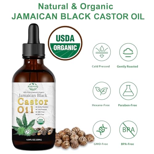 Jamaican Black Castor Oil - USDA Certified Organic Cold Pressed Hexane Free Unrefined, Natural Hair Oil For Treatment Scalp, Growth Hair Eyelashes Eyebrows (4oz/120ml Glass Bottle)