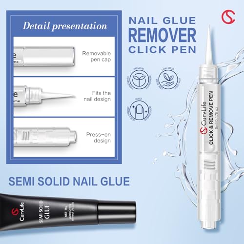 Curvlife 15g Semi Solid Nail Glue Gel with 5ml 3 in 1Nail Glue Remover, No Need for Uv Light, Gel for Press On Nails, Click&Remove Pen Design