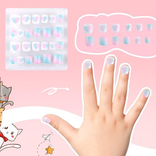 Kids Press on Nails Children Fake Nails 72PCS Artificial Nail Tips Adhesive Full Cover Short False Fingernails for Girls Kids Nail Decoration (French Donut Heart)