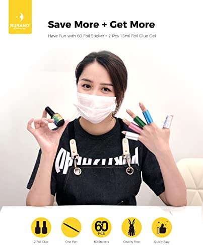 BURANO Nail Art Foil Glue Gel, 15ML 2 Bottles with 60PCS Foils Sticker, Nails Designer Adhesive Transfer Art UV LED Lamp Required