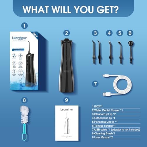 Leominor Water Dental Flosser - 5 Modes Cordless Portable Oral Irrigator, IPX7 Waterproof, Rechargeable Teeth Cleaner Upgrade Datchable Tank Professional Flossing Cleaning Pick for Home Travel (Black)