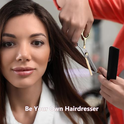 Hair Cutting Scissors Kit, Hair Scissors Professional Haircut Scissor with Stainless Steel Barber Shears, Thinning Shears, Haircut Accessories in Leather Case for Salon/Home- 10PCS Gold Black