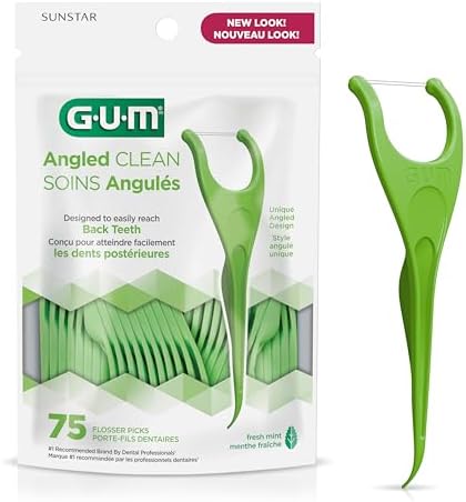 GUM Angled Floss Picks, Perfect for Tight Teeth, Extra Strong Shred-Resistant Dental Floss, Angled for Easy Reach, Dental Flossers for Adults, Fresh Mint Flavor, 75 Count