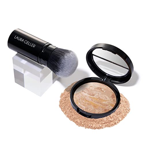 LAURA GELLER NEW YORK Get Glowing Kit (2pc): Baked Balance-n-Glow Illuminating Powder Foundation, Fair + Airbrush Kabuki Makeup Brush