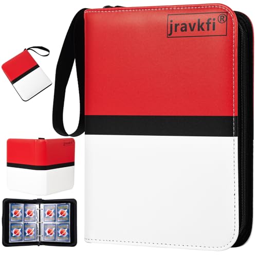 Jravkfi 4 Pocket Trading Card Binder,400 Pockets Trading Card Collection Book with Sleevese,3-ring Zipper Sports Card Album with 50 Removable Double-Sided Card Holder for Standard Size Cards(Red)