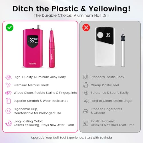 Lavinda Portable Nail Drill Professional, 35000 RPM Rechargeable, Electric Nail File Machine for Acrylic Nails, Gel Polishing, and Removing, Cordless Nail Drill for Salon and Home Use (Viva Magenta)