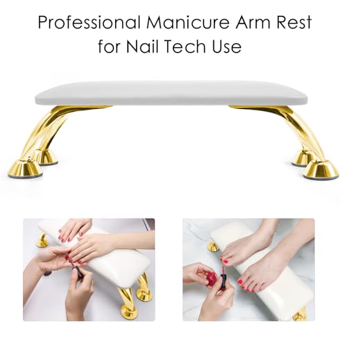 Arm Rest for Nails Tech Soft Comfortable, Nail Arm Rest Anti-Slip, Microfiber Leather Manicure Hand Rest for Nails Tech Armrest Stand with Gold Stainless Steel Legs