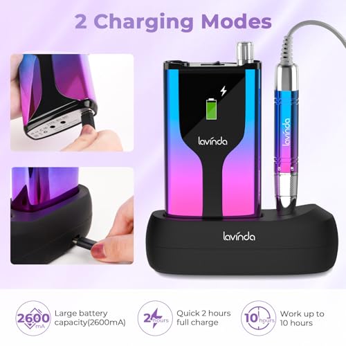 Lavinda Professional Rechargeable Nail Drill Machine, Cordless 35,000RPM Skyspace Brushless Nail Drill, Portable Electrical Nail File for Acrylic Nails with Protective Case, Gradient Blue & Purple