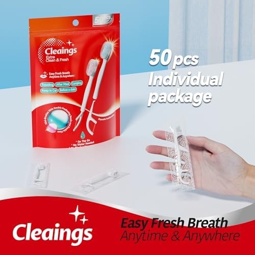 cleaings® Disposable Toothbrushes with Double Cleaning Beads Toothpaste and Clean Floss Picks for Work or Travel - 50 pcs-Mint Flavor（Pack of 1）