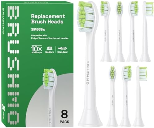 Brushmo Whitening Replacement Toothbrush Heads, Compatible with Philips Sonicare Click-on Electric Toothbrush Handles, 8 Standard Heads, Medium Firm Diamond-Shape Dupont Bristles, BM668, White