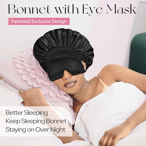 BONNET QUEEN Silk Bonnet for Sleeping Women Satin Bonnet with Eye Mask Non Slip Hair Wrap for Curly Hair Night Sleep Cap Black