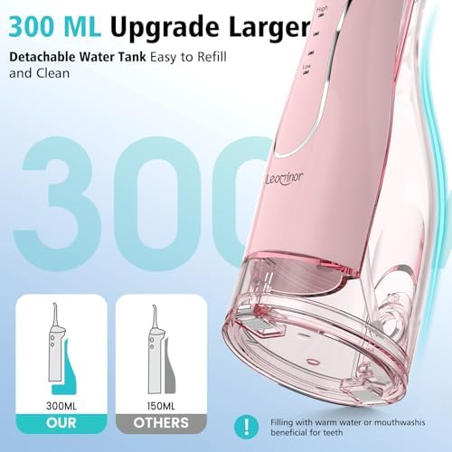 Leominor Water Dental Flosser Pick for Teeth, 300ML Portable Oral Irrigator Upgraded Tank Removable,IPX7 Waterproof, Rechargeable Travel Teeth Cleaner, Professional Electric Flossing (Pink)