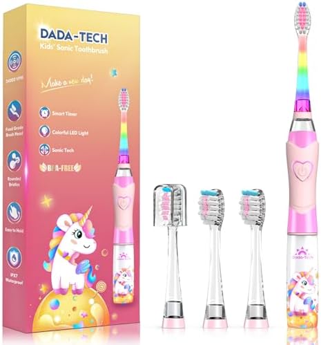 Kids Electric Toothbrush Toddler Toothbrush Age 2-4-8-12 Electric Toothbrush Kids with Timer Rainbow LED Light Up Vibrating Toothbrush Battery Operated Childrens Girls Sonic Tooth Brush (Pink Unicorn)
