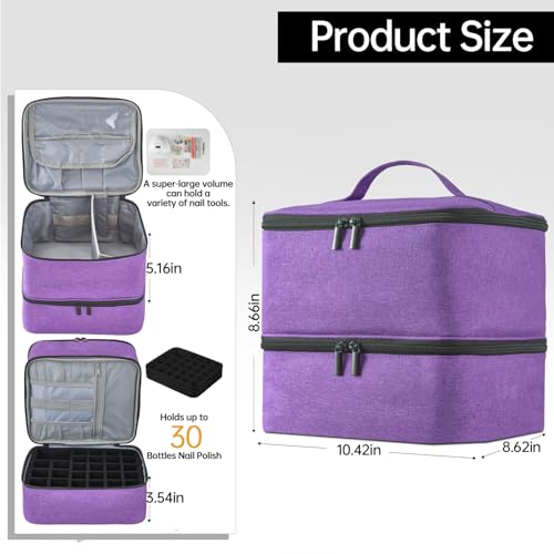 Buruis Double-Layer Nail Polish Organizer Bag, Holds 27 Bottles (15ML/0.5 FL.OZ or Larger), Nail Tools & Dryer Storage Case with Adjustable Dividers (Purple)