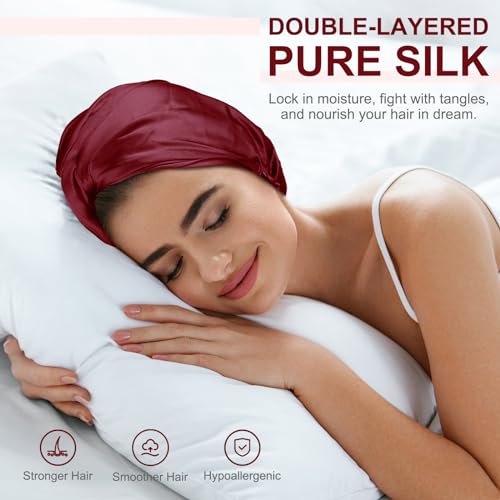CAAIR Silk Bonnet for Sleeping, 22 Momme Grade-6A 100% Pure Mulberry Hair Care, Maintaining Hairstyles Overnigh, Elastic and Twist Knot Design,Hair Sleeping(1PC, Burgundy)