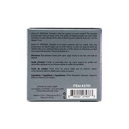JOHNNY B. Original Oil-Based Professional Pomade for Men, Gluten-Free, 3 oz.